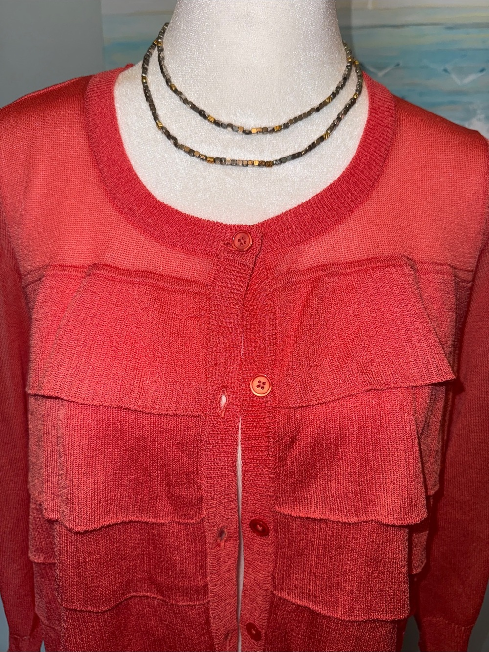 Talbots Red Ruffle-Front Knit Cardigan - Picture 2 of 5
